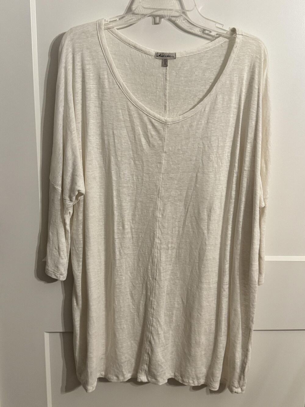 Mododoc Tunic T Shirt Sz XL White 100% Linen Scoop Neck Dolman Sleeve Boho Lagen